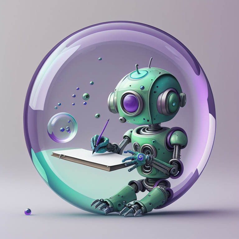 A Robot writing inside of a bubble.