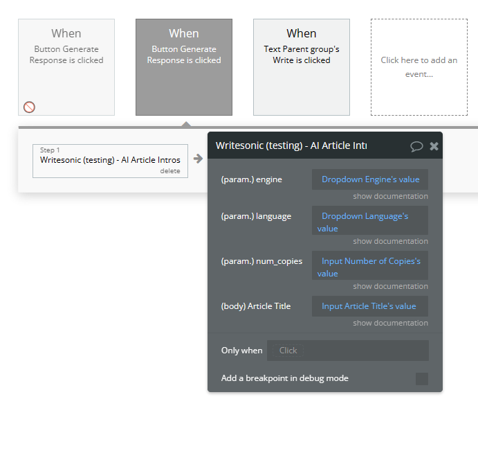 Plugin demo page on Bubble showing the client-side workflow for AI Article Introduction Generation.